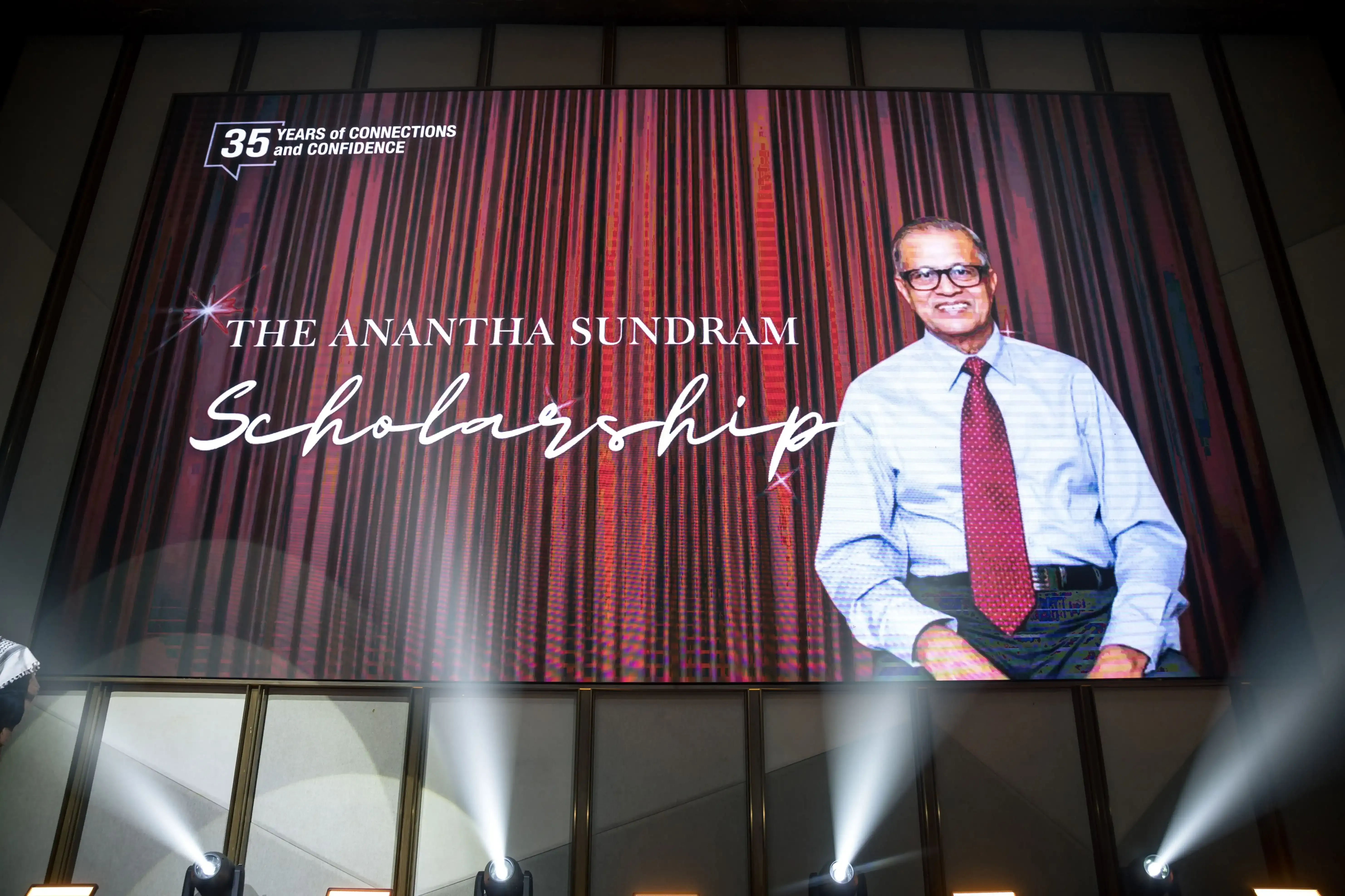 Backdrop for ELS' newly introduced Sundram Scholarship featuring portrait of the late Mr Sundram, formerly on the ELS Board of Governers